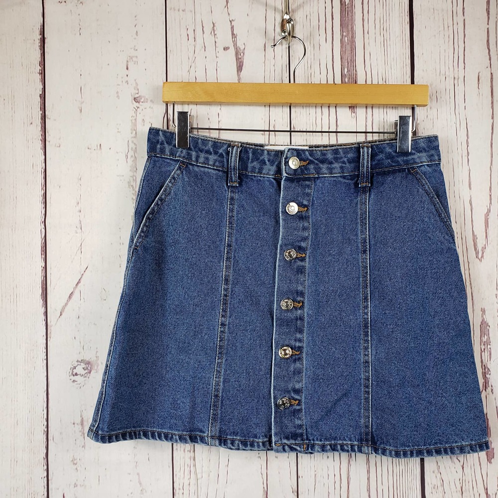 MNG Denim Jean Mini Skirt Womens Size Small Button Front Organic Cotton Blue